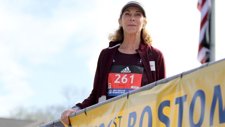 Kathrine Switzer, who was the first official woman entrant in the Boston Marathon 50 years ago, smiles as she is introduced before firing the gun to start the women's elite division at the start of the 2017 Boston Marathon in Hopkinton, Mass., Monday, April 17, 2017