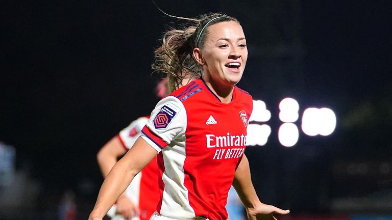 Arsenal&#39;s Katie McCabe celebrates scoring their side&#39;s third goal of the game during the FA Women&#39;s Super League match at Meadow Park, Borehamwood