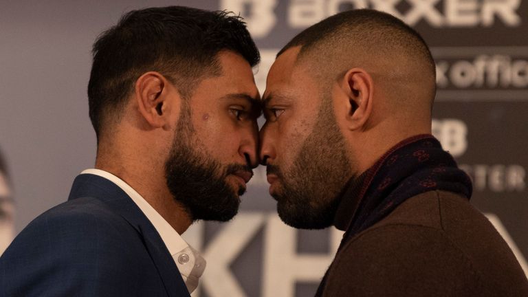 KHAN-BROOK PRESS CONFERENCE.HILTON PARK LANE,.PARK LANE.PIC: LAWRENCE LUSTIG.AMIR KHAN AND KELL BROOK COME FACE TO FACE AS THEY ANNOUNCE THEIR FIGHT AT MANCHESTER ARENA ON FEBRUARY 19TH 2022