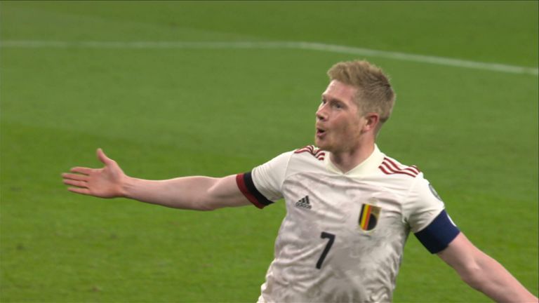 Kevin De Bruyne scores the opening goal against Wales in Cardiff
