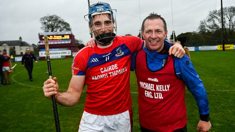 4 October 2020; St Thomas' captain Conor Cooney and manager Kevin Lally celebrate following the Galway County Senior Hurling Championship Final match between Turloughmore and St Thomas at Kenny Park in Athenry, Galway. Photo by David Fitzgerald/Sportsfile