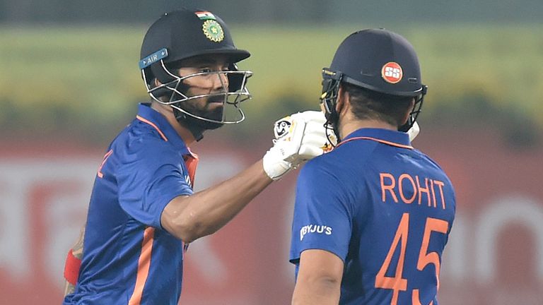 KL Rahul and Rohit Sharma of India interact during the T20 International Match between India and New Zealand at JSCA International Stadium Complex on November 19, 2021 in Ranchi, India.