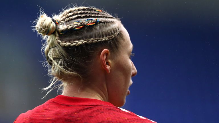 READING, ENGLAND - DECEMBER 13: Leah Galton of Manchester United wears rainbow laces in her hair during the Barclays FA Women&#39;s Super League match between Reading Women and Manchester United Women at Madejski Stadium on December 13, 2020 in Reading, England. (Photo by Chloe Knott - Danehouse/Getty Images)
