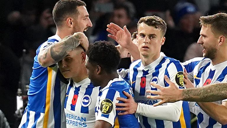 Brighton&#39;s players congratulate Leandro Trossard after they take a 1-0 lead