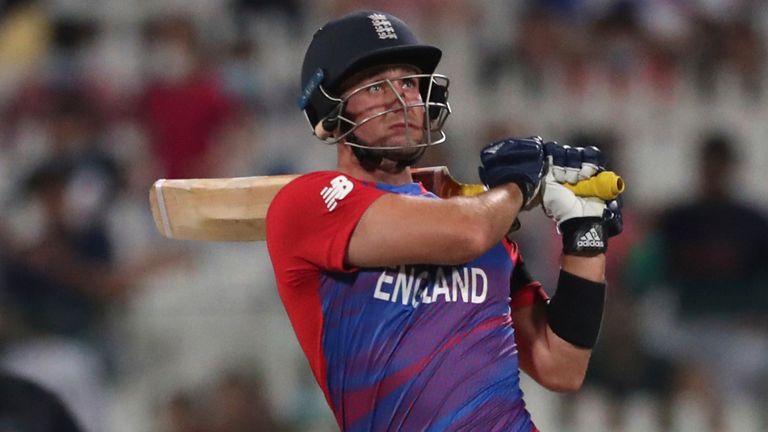 England&#39;s Liam Livingstone watches his shot during the Cricket Twenty20 World Cup semi-final match between England and New Zealand in Abu Dhabi