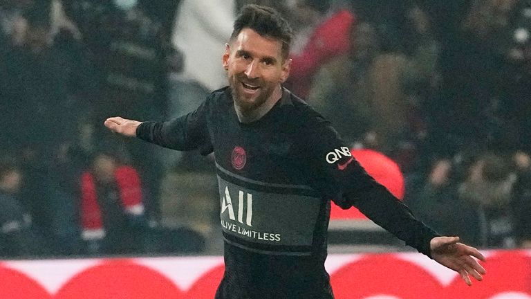 PSG's Lionel Messi celebrates after scoring his side's third goal during French League One soccer match between Paris Saint-Germain and Nantes 