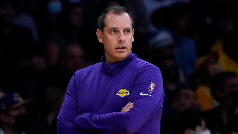 Los Angeles Lakers head coach Frank Vogel watches on from the sideline at Staples Center