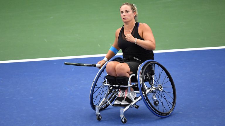 Lucy Shuker in action against Angelica Bernal during a wheelchair women's singles match at the 2020 US Open, Thursday, Sept. 10, 2020 in Flushing, NY. (Pete Staples/USTA via AP)