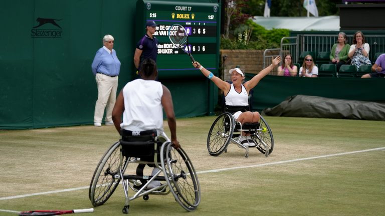 Wimbledon 2021 - Day Eleven - The All England Lawn Tennis and Croquet Club
Lucy Shuker (right) celebrates as her and team mate Kgothatso Montjane win match point against Aniek Van Koot and Diede De Groot on court 17 on day eleven of Wimbledon at The All England Lawn Tennis and Croquet Club, Wimbledon. Picture date: Friday July 9, 2021.