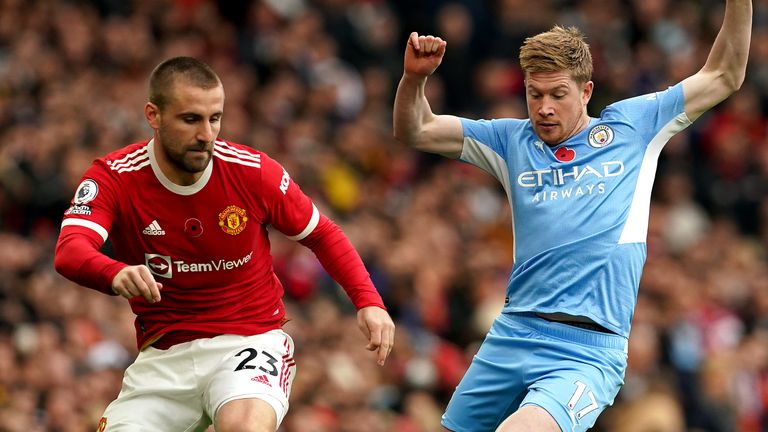 Luke Shaw and Kevin De Bruyne battle for the ball