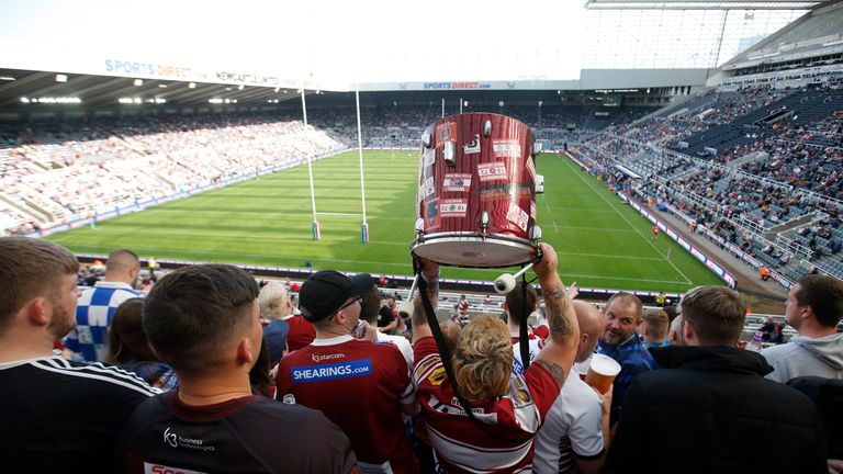 Picture by Ed Sykes/SWpix.com - 05/09/2021 - Rugby League - Dacia Magic Weekend 2021 - Wigan Warriors v Warrington Wolves - St. James's Park, Newcastle, England - Wigan Warriors fans during the game GV