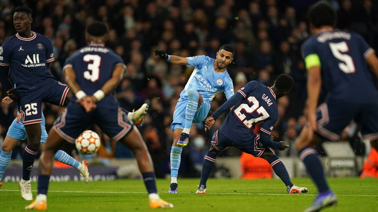 Riyad Mahrez had a goal-bound shot blocked against PSG