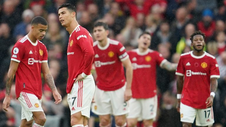 Manchester United's Cristiano Ronaldo, second from left, reacts with his teammates after Manchester City's Bernardo Silva scored his side's second goal 
