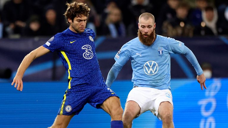 Marcos Alonso up against Malmo's Jo Inge Berget