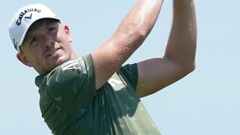 Matt Wallace, of England hits off the fifth tee during the third round at the PGA Championship golf tournament on the Ocean Course, Saturday, May 22, 2021, in Kiawah Island.  (AP Photo/Matt York)