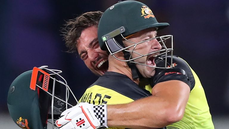 Australia's Marcus Stoinis and Matthew Wade celebrate a five-wicket win over Pakistan in the T20 World Cup semi-final