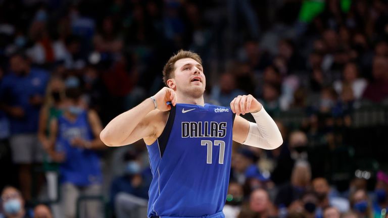 Dallas Mavericks guard Luka Doncic (77) reacts after a foul called against them as they played the Sacramento Kings during the first half of an NBA basketball game in Dallas, Sunday, Oct. 31, 2021. (AP Photo/Michael Ainsworth)


