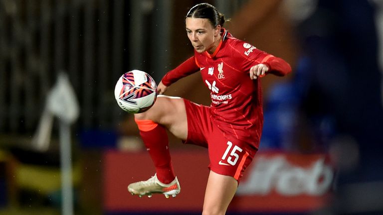 BIRKENHEAD, ENGLAND - OCTOBER 13: (THE SUN OUT, THE SUN ON SUNDAY OUT) Meikayla Moore of Liverpool Women during the FA Women's Continental Tyres League Cup match between Liverpool Women and Aston Villa Women at Prenton Park on October 13, 2021 in Birkenhead, England. (Photo by Andrew Powell/Liverpool FC via Getty Images)