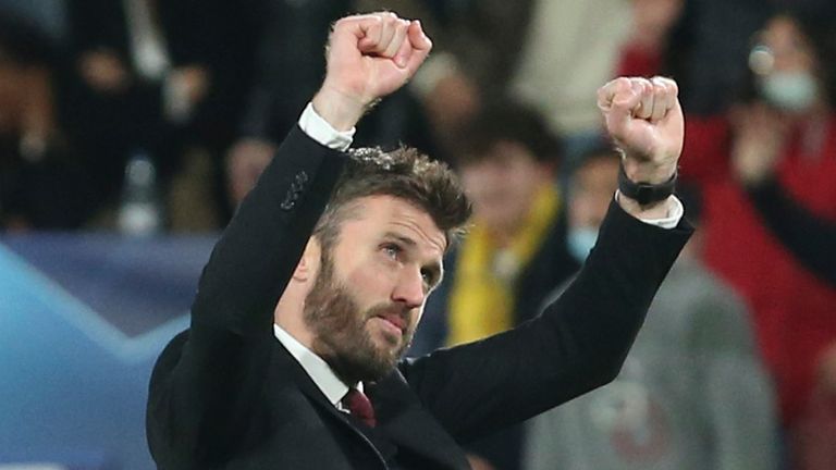 Manchester United&#39;s caretaker manager Michael Carrick celebrates the 2-0 win at Villarreal