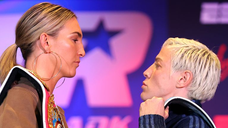 LAS VEGAS, NEVADA - NOVEMBER 03: Mikaela Mayer (L) and Maiva Hamadouche (R) face-off during the press conference prior to their WBO female super featherweight championship fight at Virgin Hotels Las Vegas on November 03, 2021 in Las Vegas, Nevada.(Photo by Mikey Williams/Top Rank Inc via Getty Images)