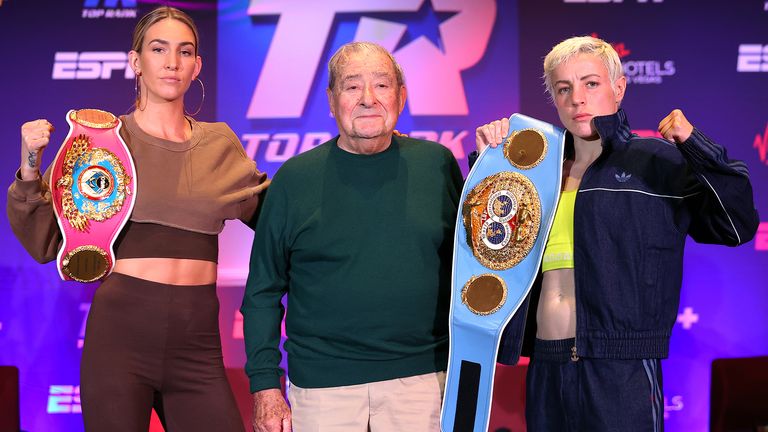 LAS VEGAS, NEVADA - NOVEMBER 03: From (L-R) Mikaela Mayer, Bob Arum and Maiva Hamadouche pose during the press conference between Mikaela Mayer and Maiva Hamadouche for the WBO female super featherweight championship at Virgin Hotels Las Vegas on November 03, 2021 in Las Vegas, Nevada.(Photo by Mikey Williams/Top Rank Inc via Getty Images)