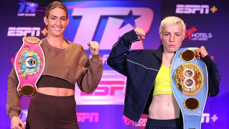 LAS VEGAS, NEVADA - NOVEMBER 03: Mikaela Mayer (L) and Maiva Hamadouche (R) pose during the press conference prior to their WBO female super featherweight championship fight at Virgin Hotels Las Vegas on November 03, 2021 in Las Vegas, Nevada.(Photo by Mikey Williams/Top Rank Inc via Getty Images)