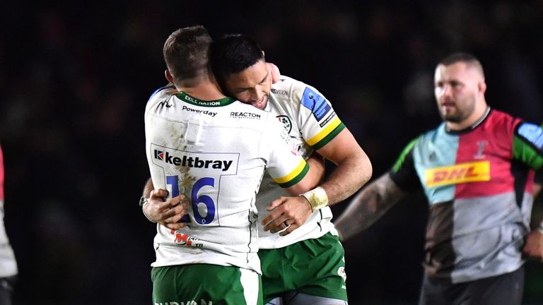 London Irish's Mike Willemse and Curtis Rona celebrate after the final whistle during the Gallagher Premiership match at Twickenham Stoop, London. Picture date: Saturday November 27, 2021. See PA story RUGBYU Harlequins. Photo credit should read: Ashley Western/PA Wire. RESTRICTIONS: Use subject to restrictions. Editorial use only, no commercial use without prior consent from rights holder.