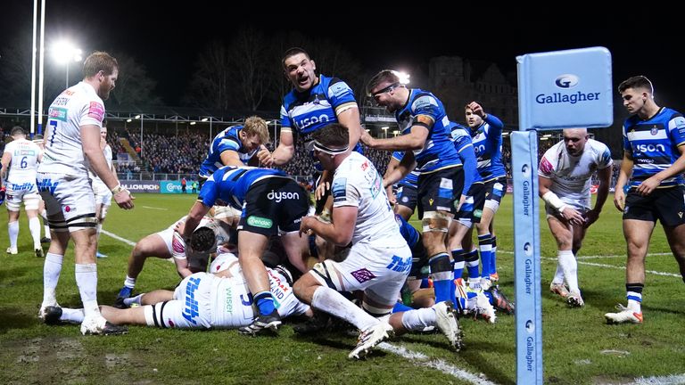 Bath Rugby's Miles Reid scores their side's first try of the game during the Gallagher Premiership match at The Recreation Ground, Bath. Picture date: Friday November 26, 2021. See PA story RUGBYU Bath. Photo credit should read: David Davies/PA Wire. RESTRICTIONS: Use subject to restrictions. Editorial use only, no commercial use without prior consent from rights holder.