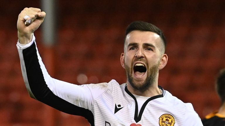 ABERDEEN, SCOTLAND - NOVEMBER 06: Motherwell&#39;s Liam Kelly at full time during a Cinch Premiership match between Aberdeen and Motherwell at Pittodrie, on Novermber 06, 2021, in Aberdeen, Scotland. (Photo by Paul Devlin / SNS Group)