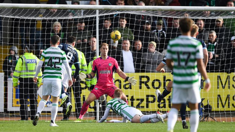 DUNDEE, SCOTLAND - NOVEMBER 07: Dundee's Danny Mullen scores to make it 2-1 during the cinch Premiership match between Dundee and Celtic at the Kilmac Stadium at Dens Park, on November 07, 2021, in Dundee, Scotland. (Photo by Ross MacDonald / SNS Group)