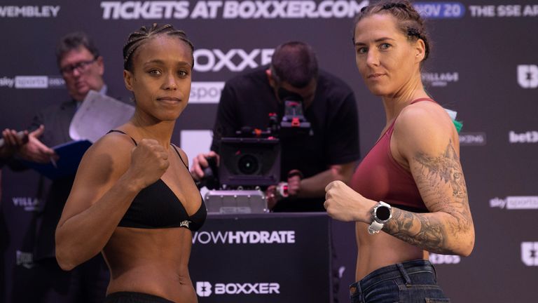 BOXXER CHAMPIONSHIP BOXING.WEIGH IN,.BOXPARK,WEMBLEY.PIC LAWRENCE LUSTIG.Lightweight Contest               ...NATASHA JONAS AND VAIDA MASIOKATIE.. WEIGH IN FOR THEIR CONTEST ON PROMOTER BEN SHALOM/S BOXXER PROMOTION AT WEMBLEY ON SATURDAY(20-11-21) LIVE ON SKTY TV