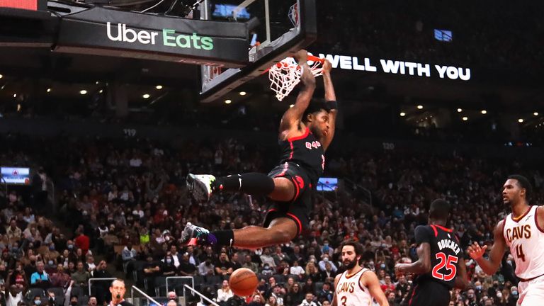 November 5 In first half action, Toronto Raptors forward OG Anunoby (3) gets the slam. The Toronto Raptors took on the Cleveland Cavaliers in NBA basketball action at the Scotiabank Arena in Toronto. November 5 2021 