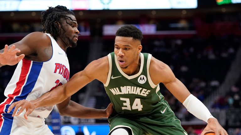 Milwaukee Bucks forward Giannis Antetokounmpo (34) is defended by Detroit Pistons center Isaiah Stewart during the first half of an NBA basketball game, Tuesday, Nov. 2, 2021, in Detroit.