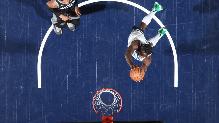 Anthony Edwards #1 of the Minnesota Timberwolves dunks the ball during the game against the Sacramento Kings on November 17, 2021 at Target Center in Minneapolis, Minnesota. 