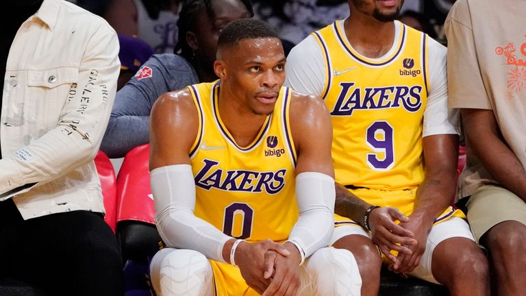Russell Westbrook sits dejected on the Lakers bench during the defeat to the Thunder