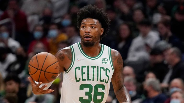 Boston Celtics guard Marcus Smart (36) during the second half of an NBA basketball game, Saturday, Oct. 30, 2021, in Boston. (AP Photo/Charles Krupa)