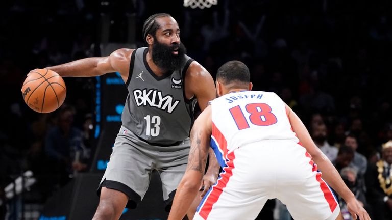 Brooklyn Nets guard James Harden (13) prepares to drive against Detroit Pistons guard Cory Joseph (18) during the second half of an NBA basketball game Sunday, Oct. 31, 2021, in New York. The Nets won 117-91. (AP Photo/Corey Sipkin)


