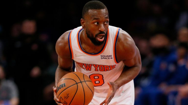 New York Knicks guard Kemba Walker dribbles the ball against the Houston Rockets