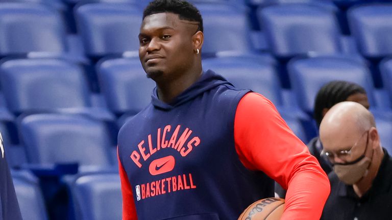 Zion Williamson photographed on October 30 prior to the Pelicans' clash with the Knicks – he looks to have gained substantial weight during his time recuperating from injury