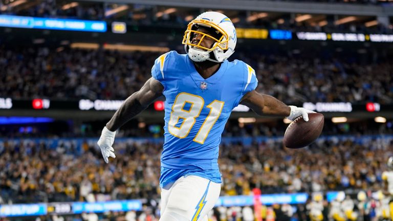 Los Angeles Chargers wide receiver Mike Williams reacts after scoring a touchdown during the second half of an NFL football game against the Pittsburgh Steelers, Sunday, Nov. 21, 2021, in Inglewood, Calif.
