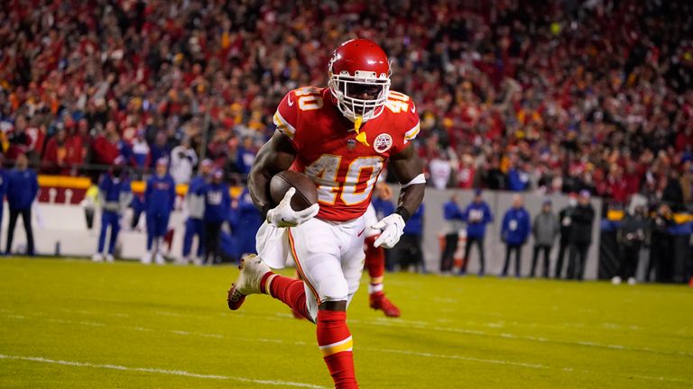 Kansas City Chiefs running back Derrick Gore scores on a touchdown run during the first half of an NFL football game against the New York Giants Monday, Nov. 1, 2021, in Kansas City, Mo.