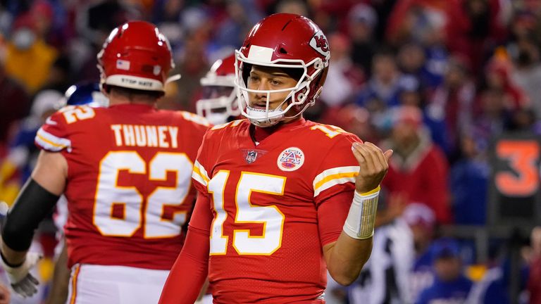 Kansas City Chiefs quarterback Patrick Mahomes (15) signals teammates during the first half of an NFL football game against the New York Giants Monday, Nov. 1, 2021, in Kansas City, Mo.
