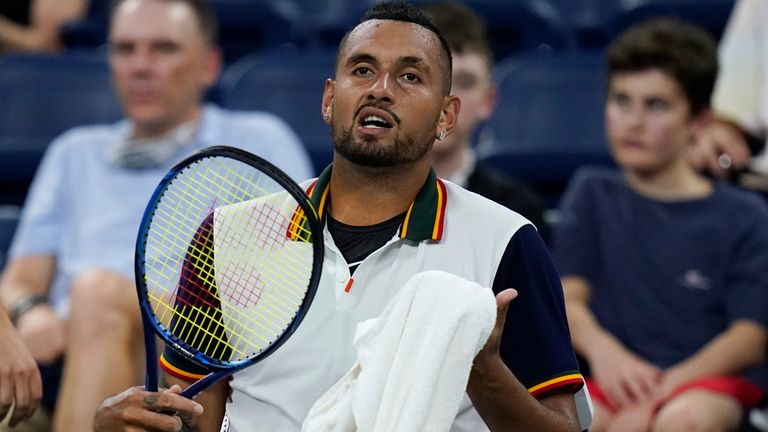Nick Kyrgios, of Australia, rests between games against Roberto Bautista Agut, of Spain, during the first round of the US Open tennis championships, Monday, Aug. 30, 2021, in New York. (AP Photo/Frank Franklin II)