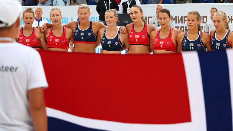 Norway team line up during 2018 Women's Beach Handball World Cup final against Greece on July 29, 2018 in Kazan, Russia.