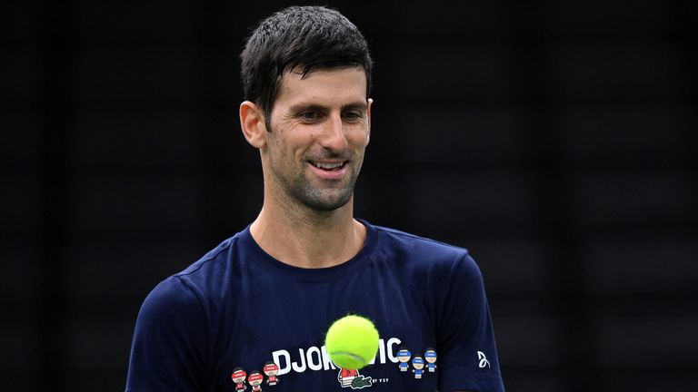 Novak Djokovic of Serbia in action during practice ahead of the Rolex Paris Masters at AccorHotels Arena on October 31, 2021 in Paris, France. (Photo by Justin Setterfield/Getty Images)