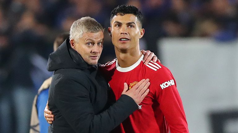 Ole Gunnar Solskjaer hugs Cristiano Ronaldo after his last-minute equaliser