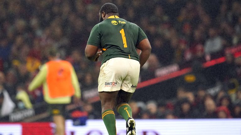 Springboks prop Ox Nche departs the turf having been sin-binned for repeated team infringements 
