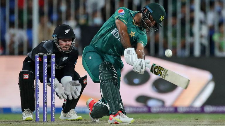 Pakistan's Fakhar Zaman bats during the Cricket Twenty20 World Cup match between New Zealand and Pakistan in Sharjah