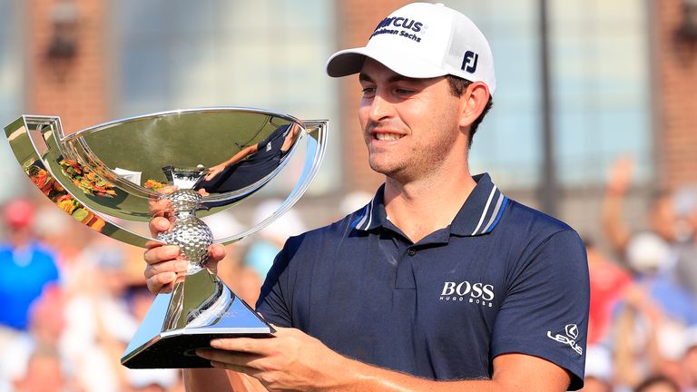 ATLANTA, GA - SEPTEMBER 05: Patrick Cantlay (USA) is all smiles after winning the TOUR Championship on September 05, 2021 at the East Lake Club in Atlanta, Georgia.  (Photo by David J. Griffin/Icon Sportswire)