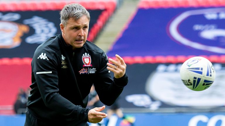 Picture by Allan McKenzie/SWpix.com - 17/10/2020 - Rugby League - Coral Challenge Cup Final - Leeds Rhinos v Salford Red Devils - Wembley Stadium, London, England - Salford's Paul Rowley leading warm ups prior to kick off.